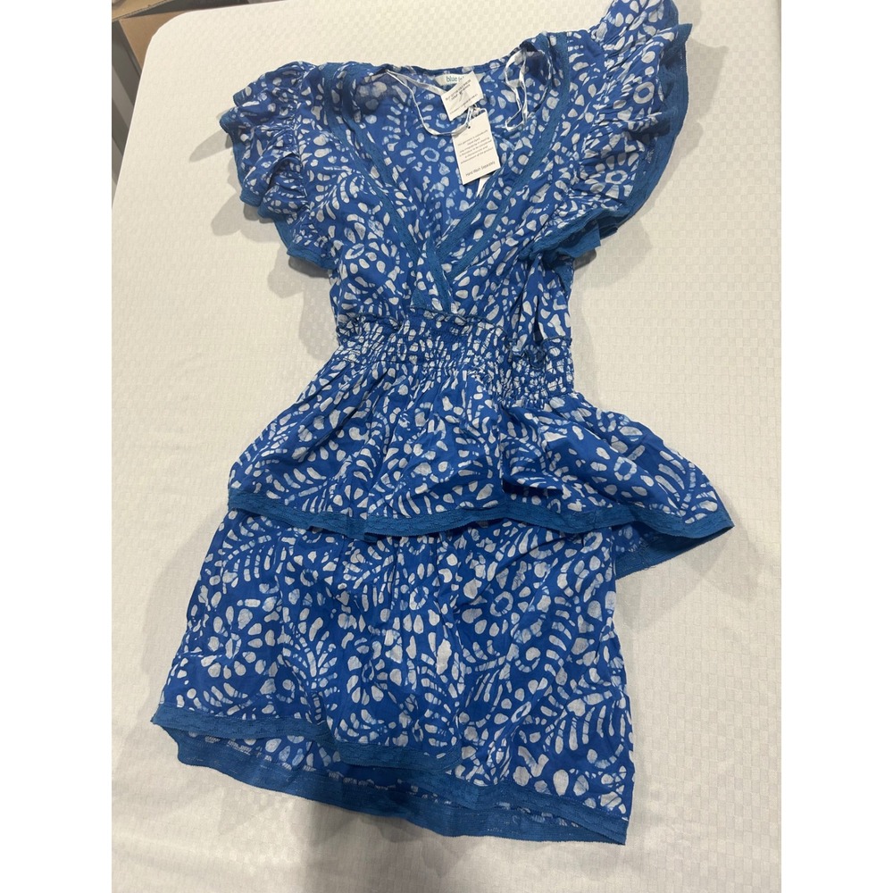 Blue Island Cotton Voile Shibori Coverup Dress Blue White SmockedWaist Small NWT
